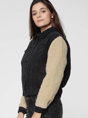 Zara Black Denim Jacket with Cream Furr Sleeves